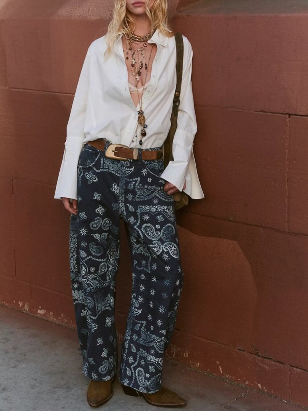 Free People Good Luck Printed Barrel Jeans - NEW NWT Bohemian Boho Paisley Denim